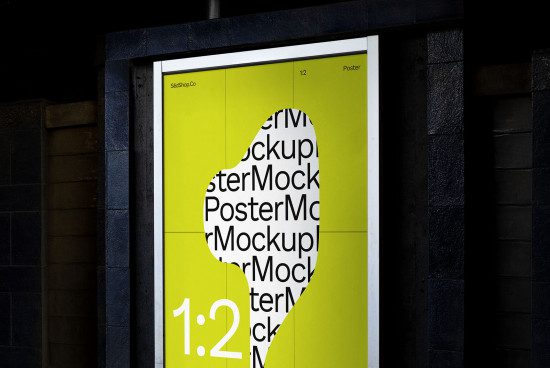 Bright yellow poster mockup on city street display, modern graphic design, advertising template, designer asset.