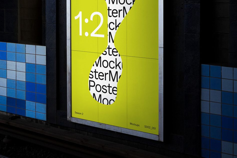 Close up of neon yellow poster mockup with blue tiles flanking sides