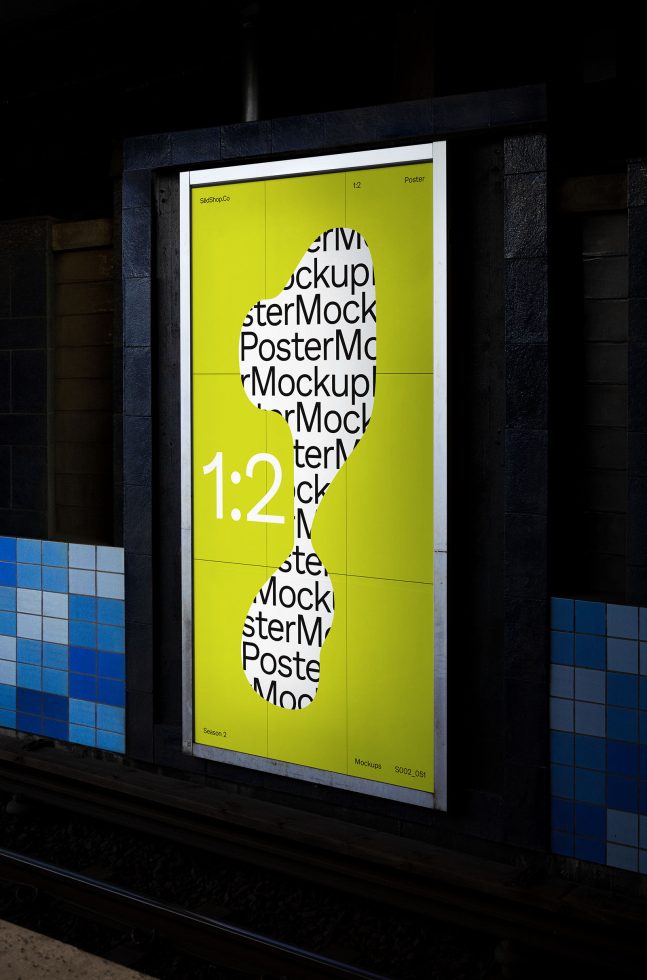 Subway poster mockup in realistic underground station setting for presenting design work and advertising with eye-catching visual contrast.