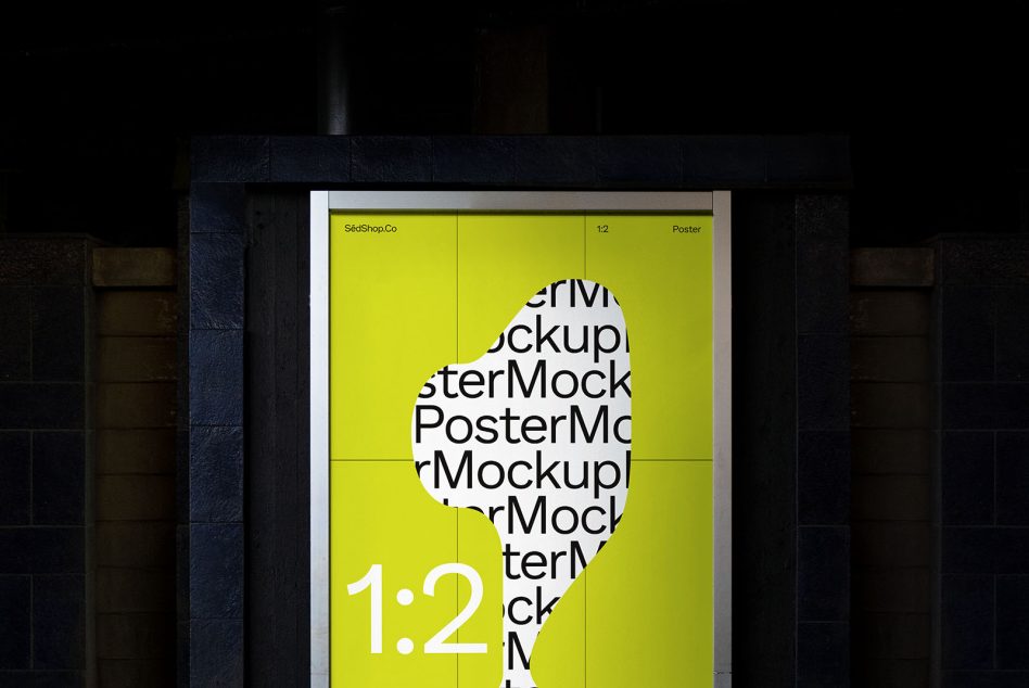 Bright lime poster mockup on dark urban wall showing 1:2 ratio design