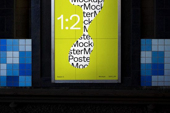 Urban poster mockup on subway station wall featuring bright yellow design for advertising and branding presentation, with tiled mosaic.