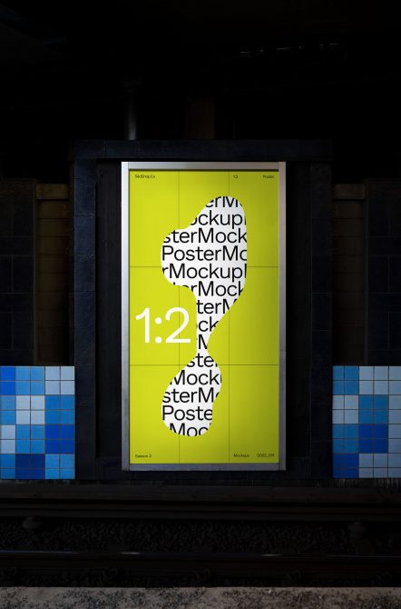 Large vertical poster mockup in storefront window with blue tiles nearby