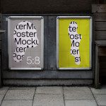 Outdoor poster mockups on city billboards with bright contrasting designs, showcasing display fonts and graphical elements, next to wooden bench.