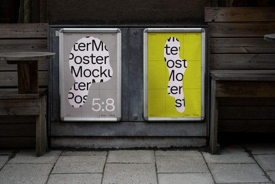 Outdoor poster mockups on city billboards with bright contrasting designs, showcasing display fonts and graphical elements, next to wooden bench.