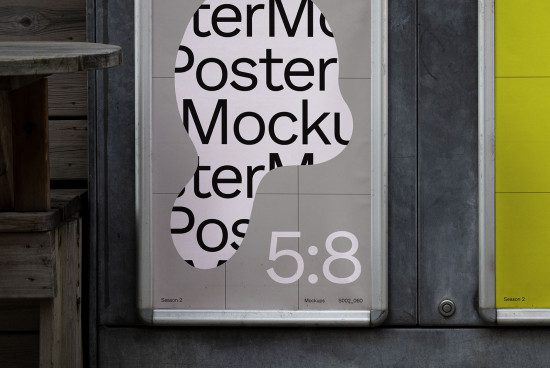 Outdoor poster mockup in urban setting with wooden bench ideal for designers looking to showcase advertising designs.
