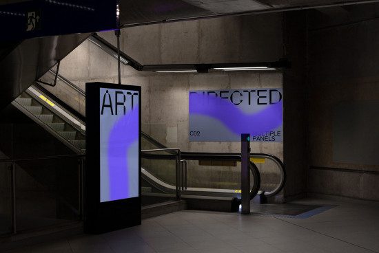 Subway station mockup with bold fonts on advertising panels, ideal for showcasing design in urban settings, suitable for posters or ads.