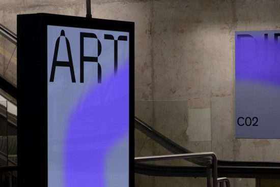 Digital art gallery signage mockup with bold 'ART' text, illuminated display, concrete wall background, suitable for designers, graphics.