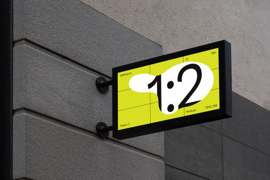 Outdoor wall-mounted signage mockup on a gray textured wall, displaying bold graphic design with numbers and bright yellow background.