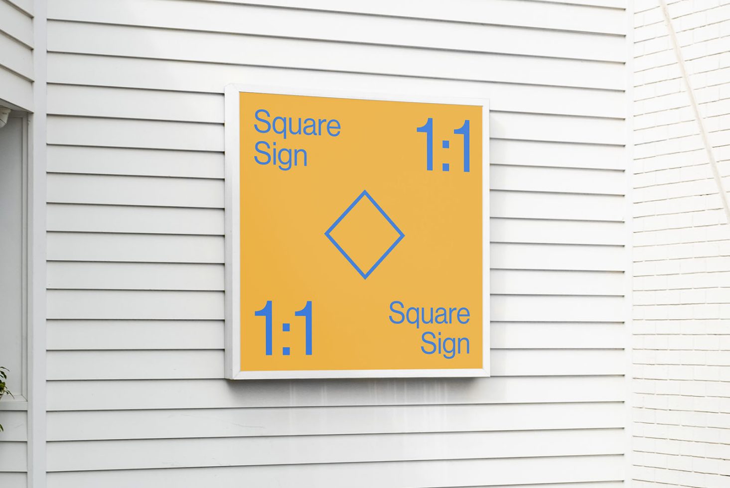 Outdoor square sign mockup on white siding wall, modern signage design, branding presentation, urban store signboard, designers template.