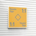 Outdoor square sign mockup on white siding wall, modern signage design, branding presentation, urban store signboard, designers template.