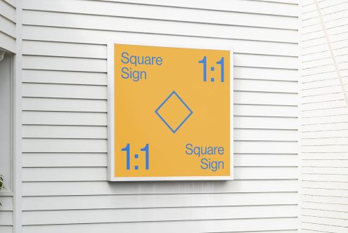 Outdoor square sign mockup on white siding wall, modern signage design, branding presentation, urban store signboard, designers template.