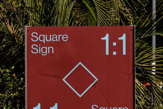 Red square sign mockup with natural background for outdoor advertising design presentation, graphics display in a 1:1 ratio.