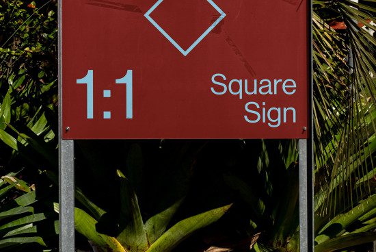 Red square sign mockup with simplistic design in natural setting for design asset marketplace, ideal for showcasing graphic work.