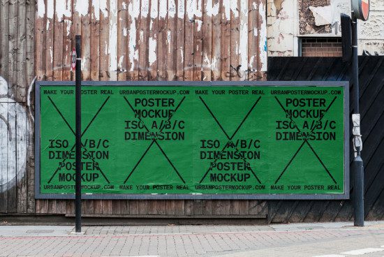 Urban poster mockup displayed on outdoor wall for design presentation, featuring realistic textures and environment for graphic designers.