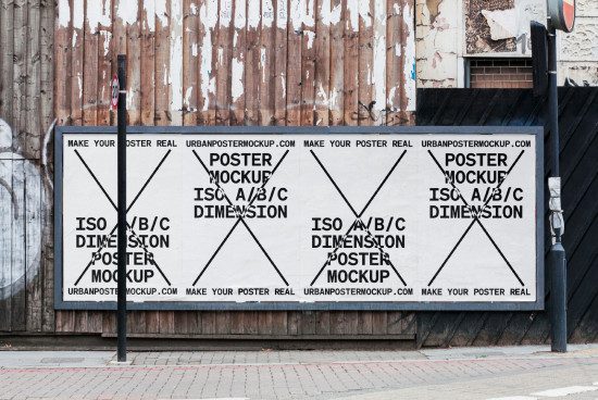 Urban street poster mockups displayed on wooden wall for graphic design outdoor advertising presentation, realistic textures, design assets.