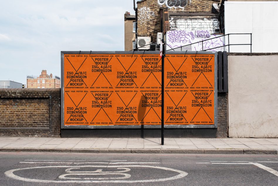 Orange two-panel poster grid with geometric lines, historic brick buildings visible, urban street backdrop