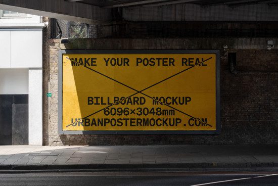Urban billboard mockup for poster presentation in a realistic street setting ideal for designers, dimensions included, visible at urbanpostermockup.com.