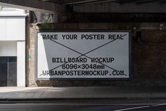 Urban billboard mockup for poster design displays on a brick wall under an overpass, dimensions included for designers reference.