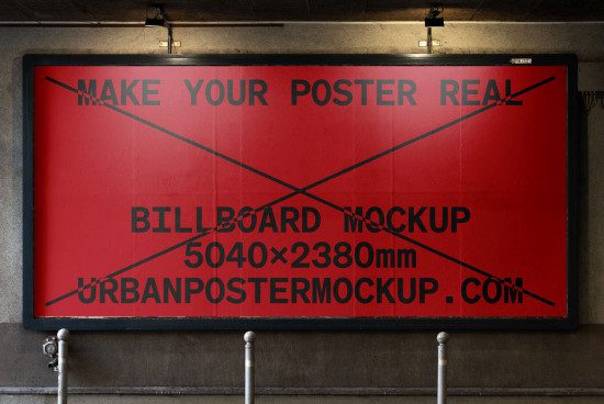 Red billboard mockup in a realistic urban setting for outdoor advertising design with dimensions, suitable for designers and agencies.