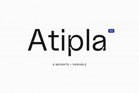 Modern Atipla font presentation with 6 weights and variable style, ideal for graphic design, web fonts, and typography designers.