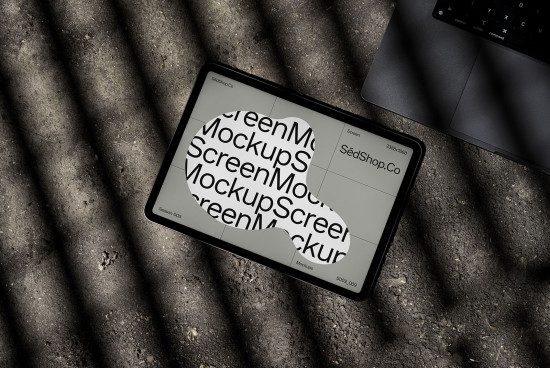 Realistic tablet screen mockup on textured background, design presentation tool, digital device display template with shadows, professional designer asset.