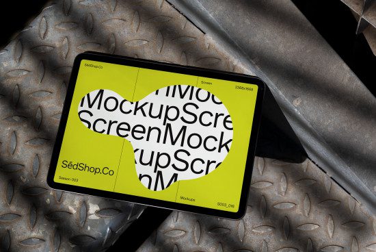 Digital tablet showcasing bold mockup design with dynamic typography on industrial background perfect for graphic designers and mockup portfolios.