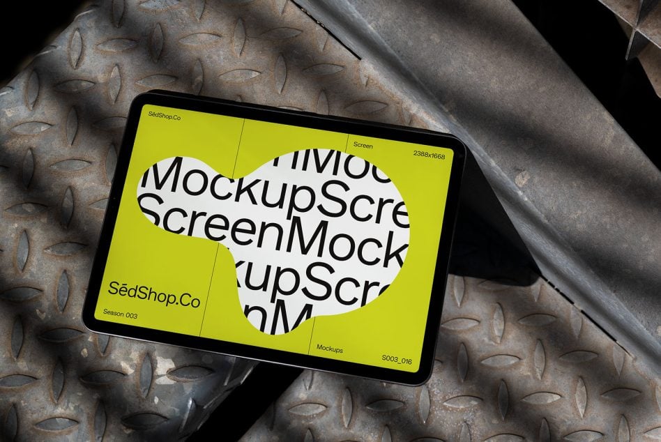 Tablet positioned on weathered metal grating displaying green background with layered text