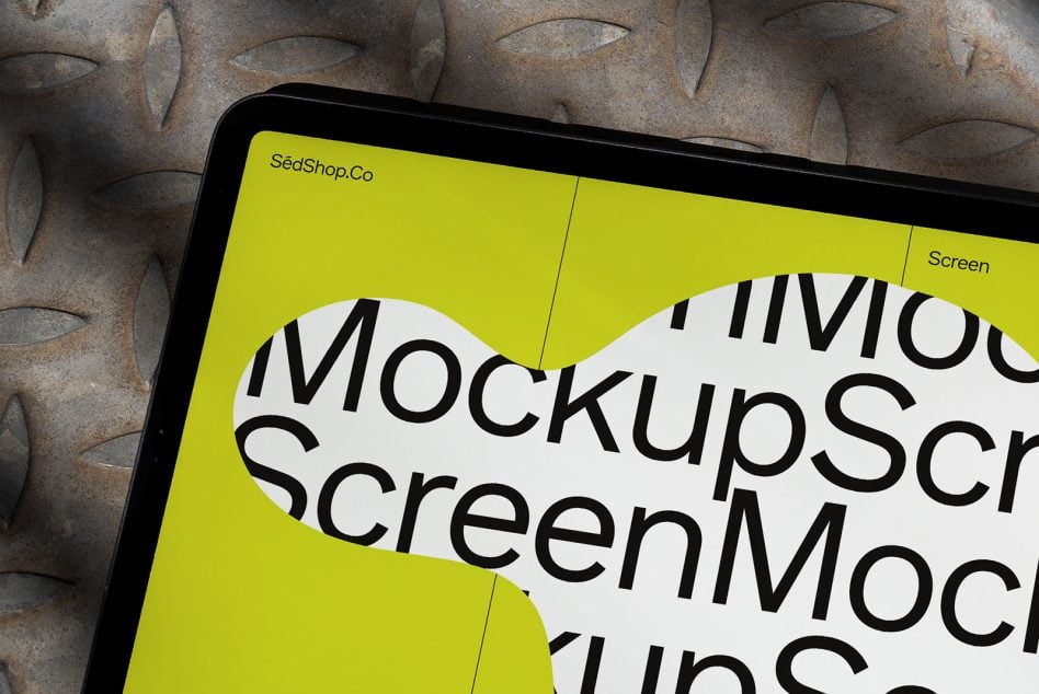Close-up of tablet screen showing large white circle containing black MockupScreenScr type
