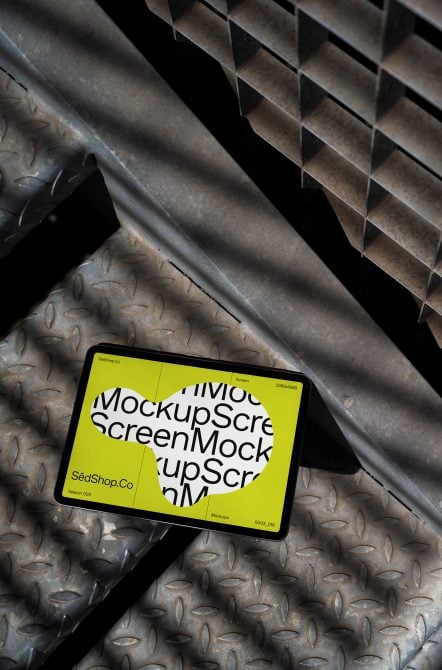 Tablet resting on industrial textured metal with bold MockupScr text on lime background