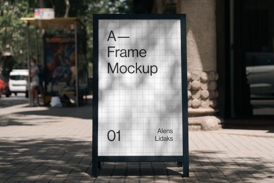 A-Frame sidewalk sign mockup in urban setting for outdoor advertising and poster design presentation.