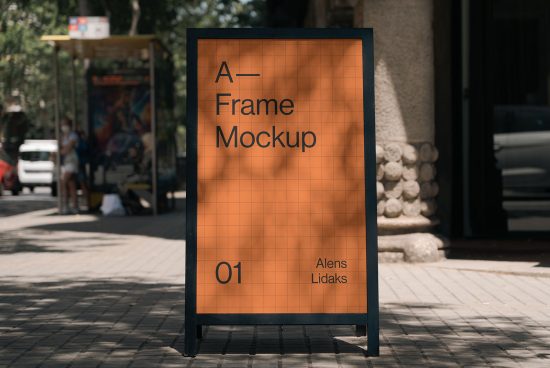 Outdoor A-Frame sidewalk sign mockup in urban setting, perfect for presenting branding and advertising designs for designers.