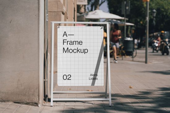 Outdoor A-frame sign mockup on a busy street, realistic setting, ideal for displaying design work, signage mockup for designers.