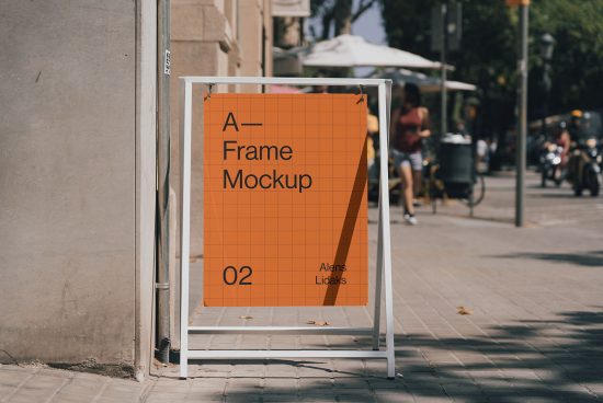 Outdoor A-Frame signage mockup in urban setting, ideal for designers looking to present street-level advertising graphics or fonts clearly.