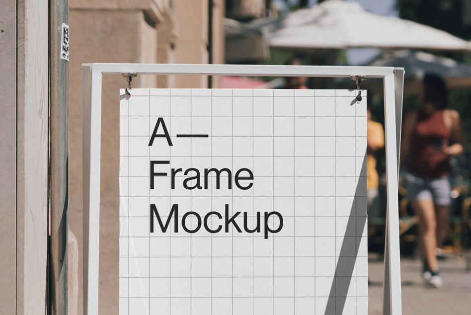 A-Frame sidewalk sign mockup in an outdoor urban setting, perfect for designers to showcase advertisements or branding designs.