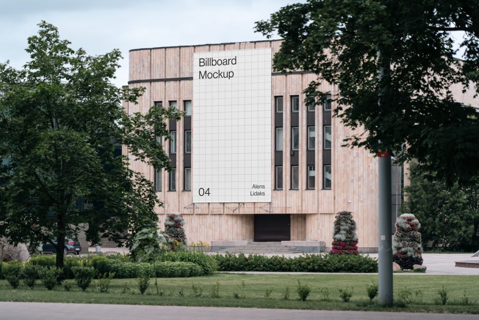 Outdoor billboard mockup on modern building facade in urban setting for realistic advertising design presentation.