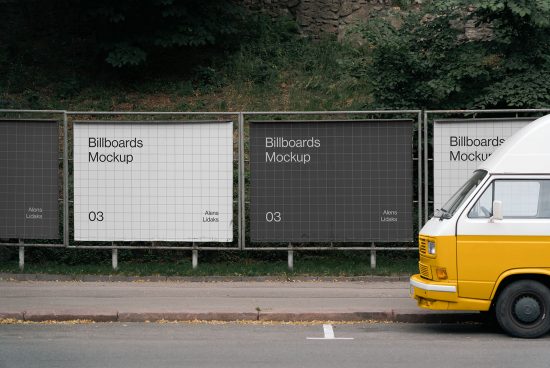 Outdoor billboard mockups displayed beside street with vintage van, ideal for designers to showcase advertising designs in realistic settings.