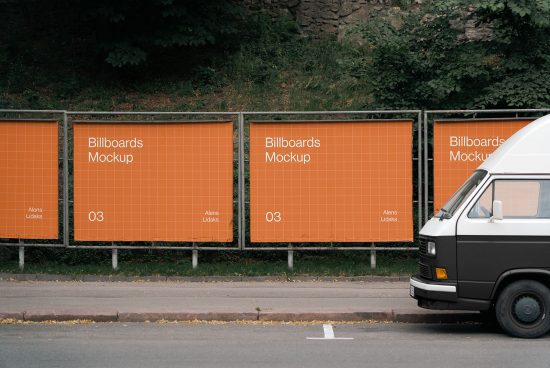 Outdoor billboard mockups on a roadside with a white van, ideal for presenting advertising designs to clients, editable PSD.