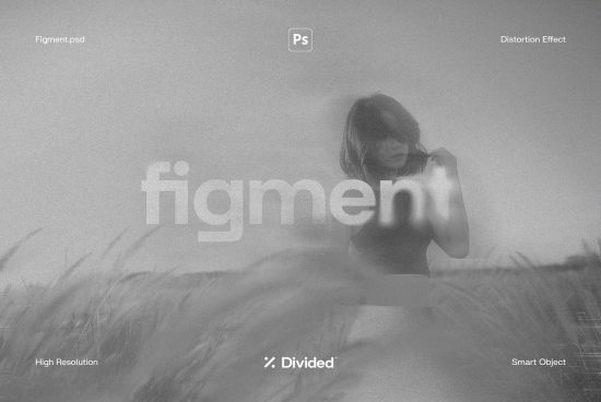 Photoshop template with distortion effect featuring a female figure in a grayscale field, labeled 'figment' with smart object and high resolution layers.