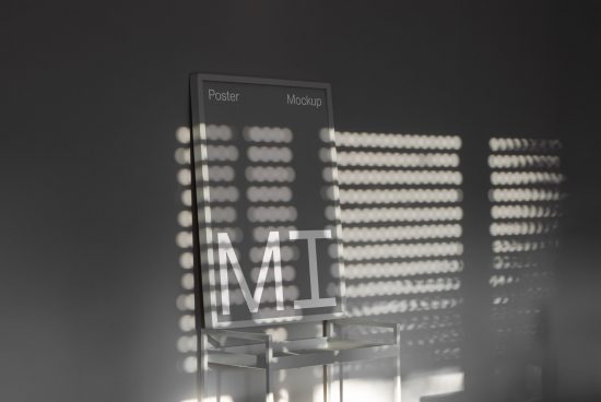 Elegant poster mockup on metal stand with modern shadows for graphic design presentations, suited for online digital asset marketplace.
