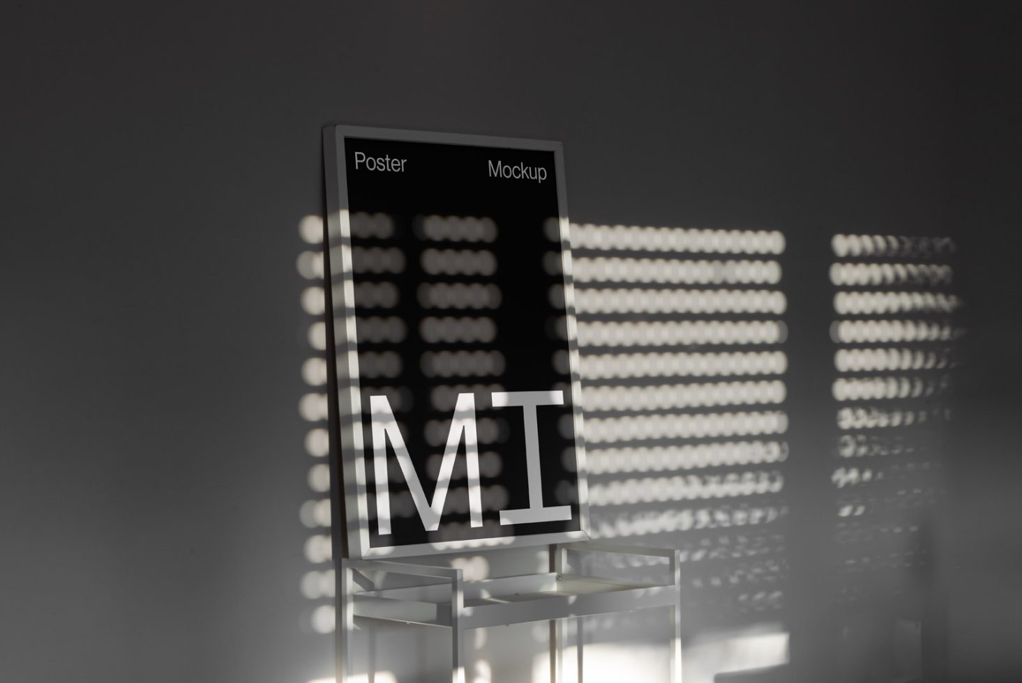 Elegant poster mockup on glass stand with modern blurred background lighting perfect for showcasing design projects and graphics.