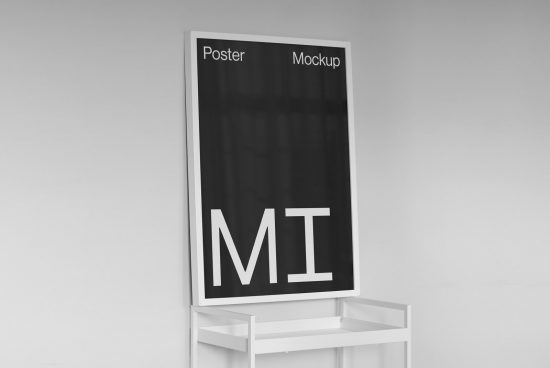 Minimalistic poster mockup on white stand against grey wall, ideal for modern design presentations and branding.