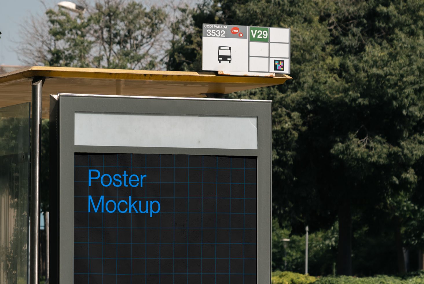 Outdoor poster mockup on bus stop with clear grid for easy design insert, surrounded by trees under daylight, ideal for advertising and branding.