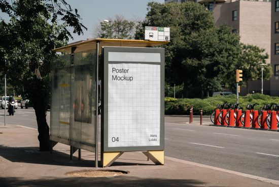 Bus stop poster mockup in urban setting ideal for designers to showcase advertisements, branding, and graphics with realistic city background.