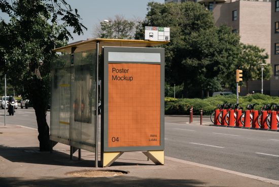 Urban Poster Mockup on Bus Stop Shelter for outdoor advertising design display, clear sunny day, real-world context, editable template.