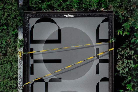 Urban billboard mockup with transparent overlay and yellow caution tape, surrounded by lush green foliage, ideal for presenting outdoor advertising designs.