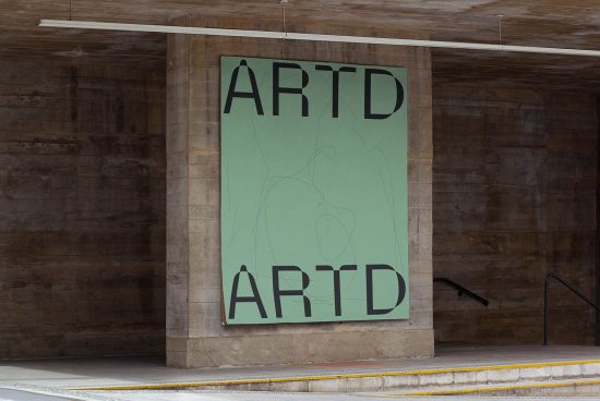 Urban mockup of a large billboard with minimalist green design and bold typography used for advertising set against a concrete wall.