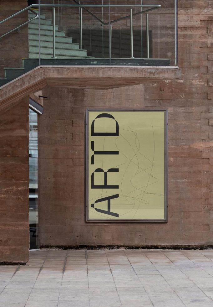 Modern poster mockup on brick wall exterior with stairs, showcasing bold typography and abstract design elements, ideal for graphic presentations.