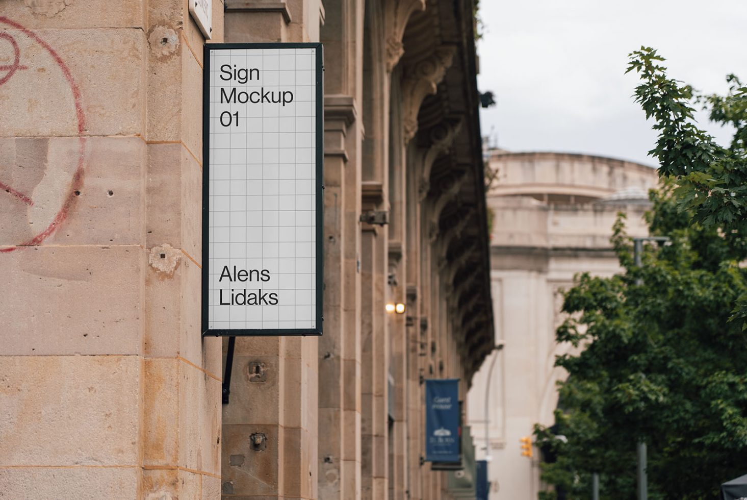 Urban street sign mockup hanging on a building exterior, editable template for branding and advertising design.