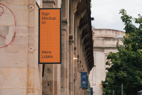 Urban outdoor sign mockup hanging on a classic building wall, ideal for designers to showcase signage designs.