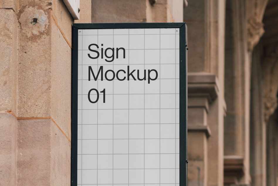 Building-mounted vertical sign with grid layout displaying Sign Mockup 01